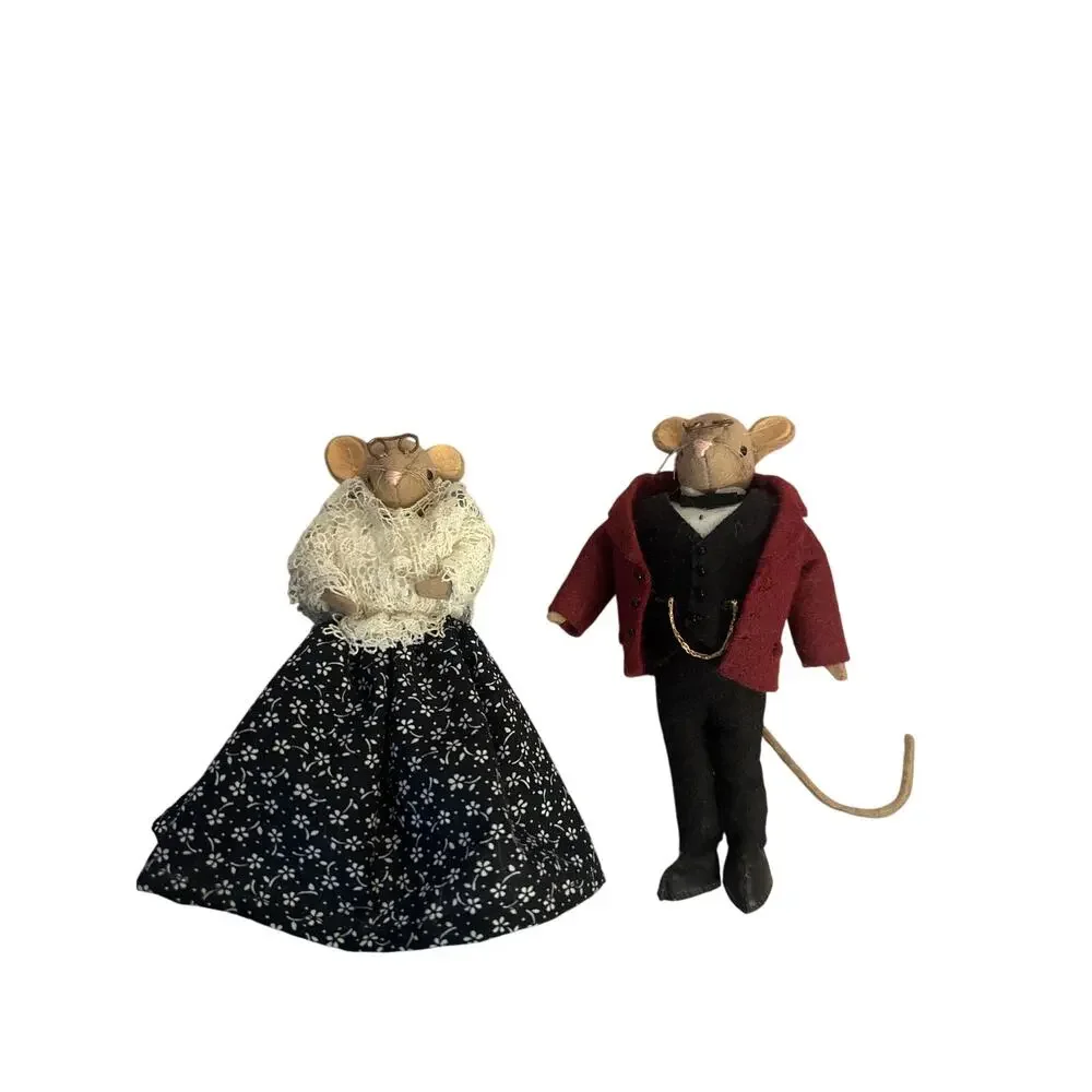 Vintage Set x2 Victorian Mice Mouse Couple Handmade Anthropomorphic Decor